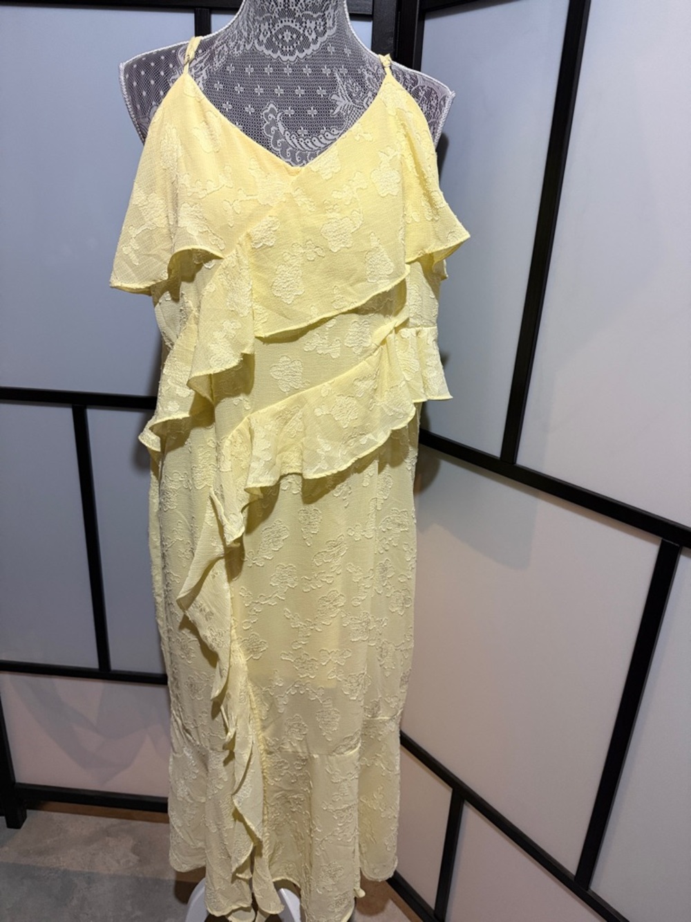 wild fable Soft Yellow Ruffle Lace-Trim Midi Dress